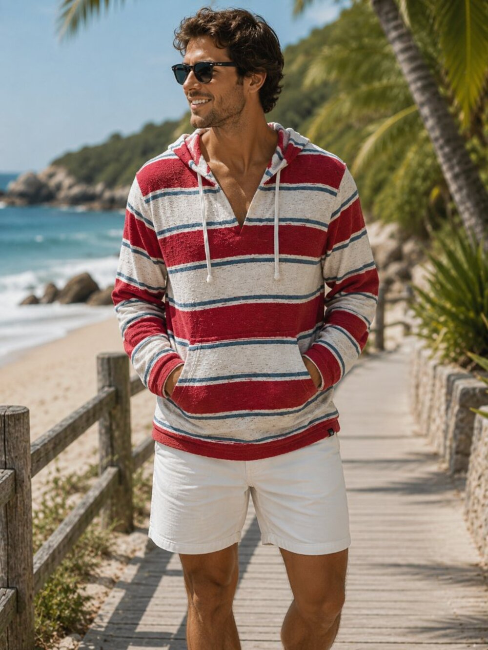 Lucky Brand Red  White Blue Striped Pullover Hoodie Summer Lightweight